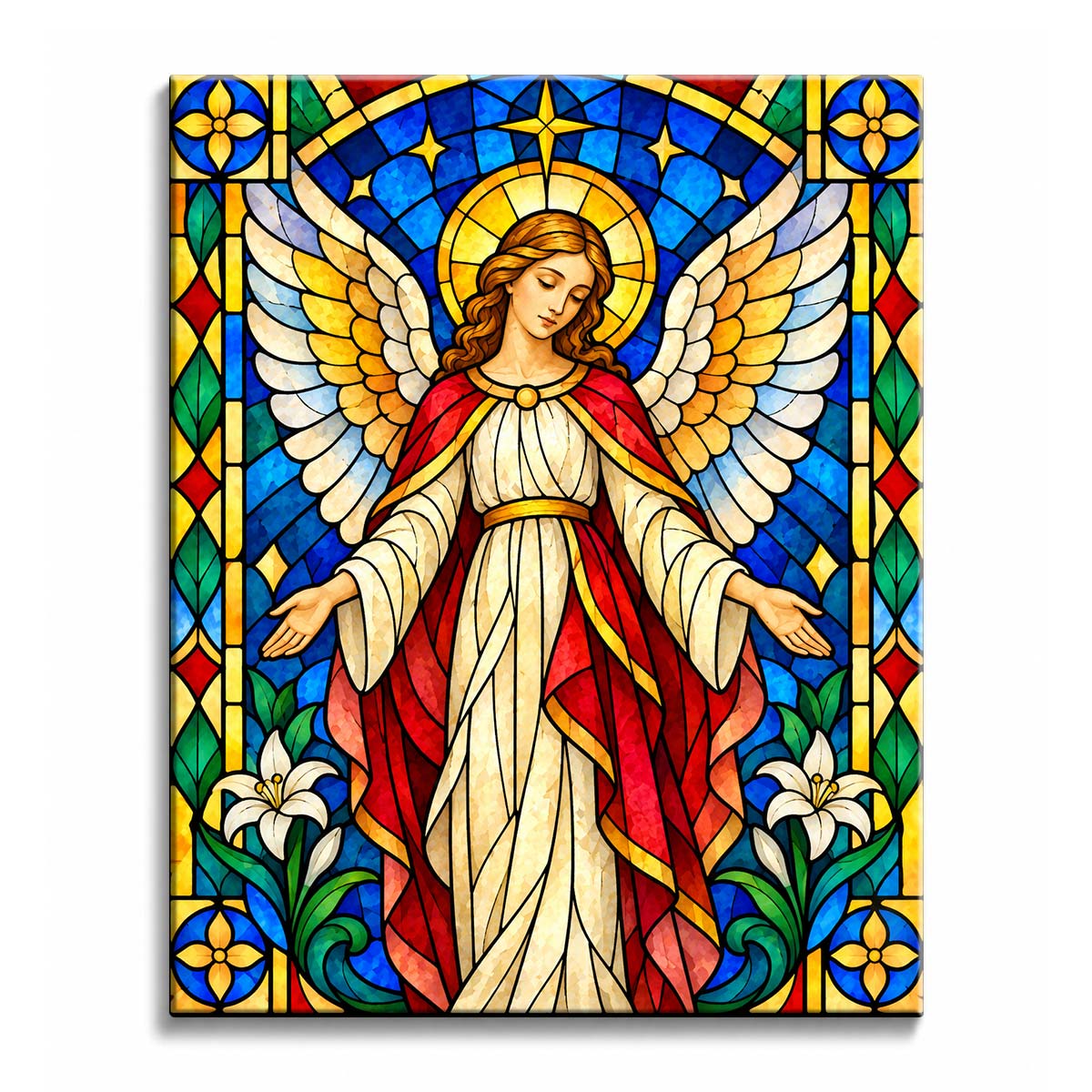 White wings spread behind a red-robed angel beneath a golden halo in a stained glass angel paint by numbers design, bordered by lilies and blue glass.