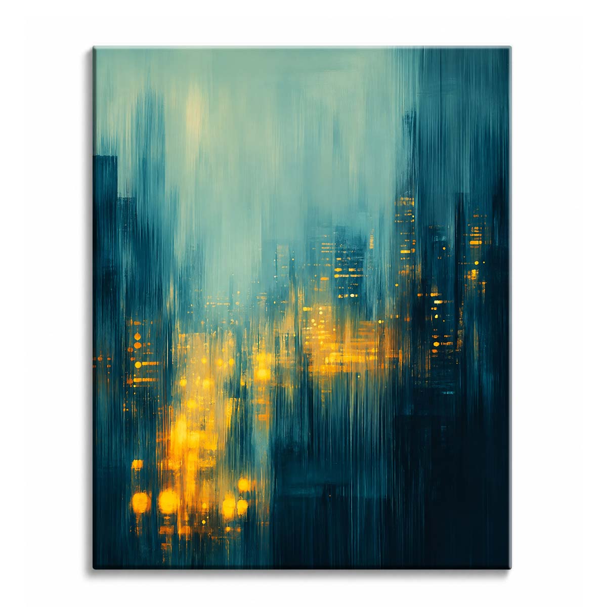An abstract city skyline in teal and petrol blue with amber window lights streaking downward, shown as a paint by numbers canvas.