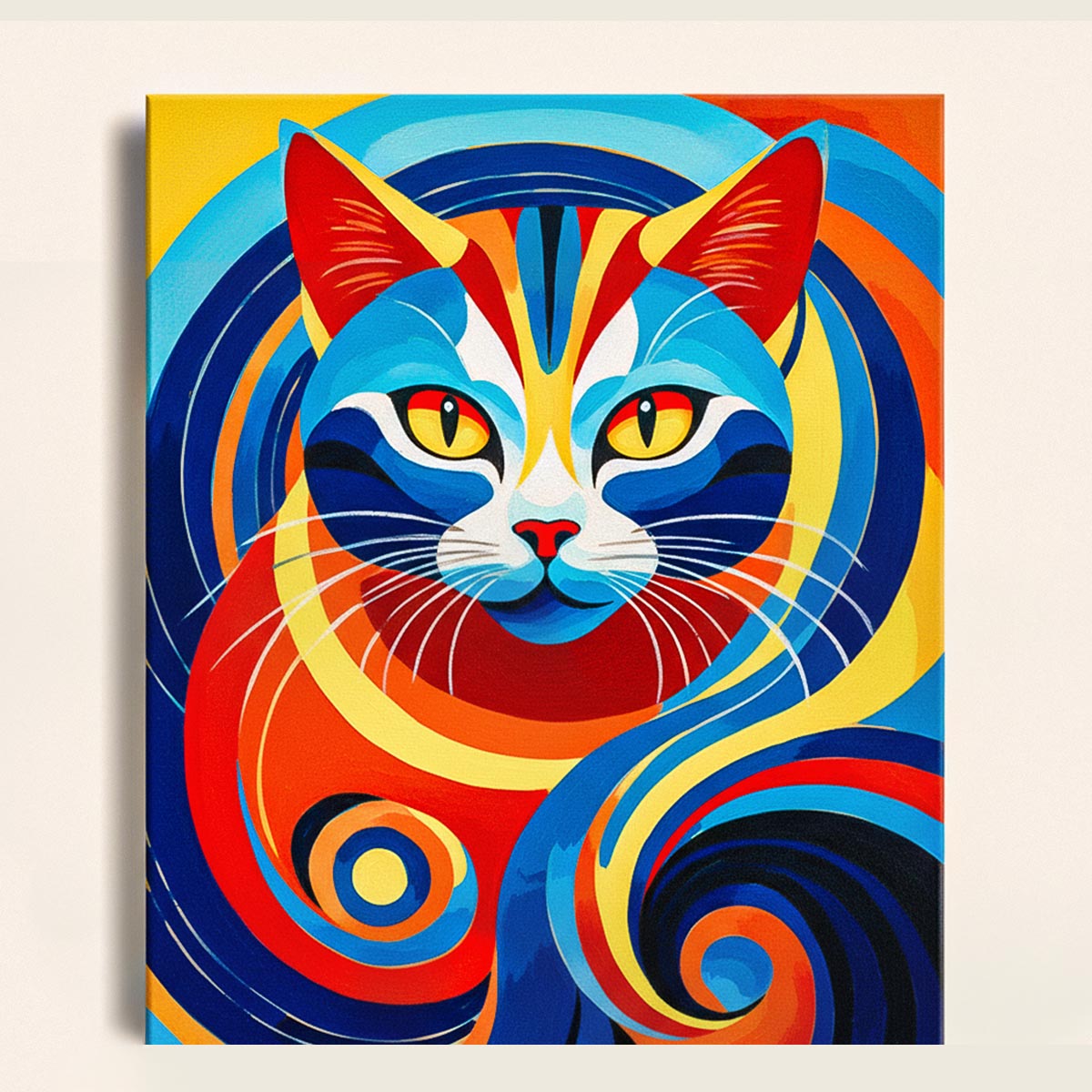 Abstract pop art cat face with swirling blue red and yellow concentric shapes on a colorful background paint by numbers design.