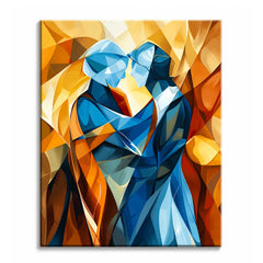 Two abstract figures embracing, built from overlapping blue planes against a gold and rust background, shown as a paint by numbers canvas.