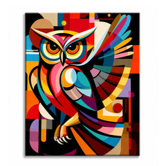 A paint by numbers canvas of a vivid cubist owl in red, teal, pink, and gold, with a fanned rainbow wing against a bold geometric background.