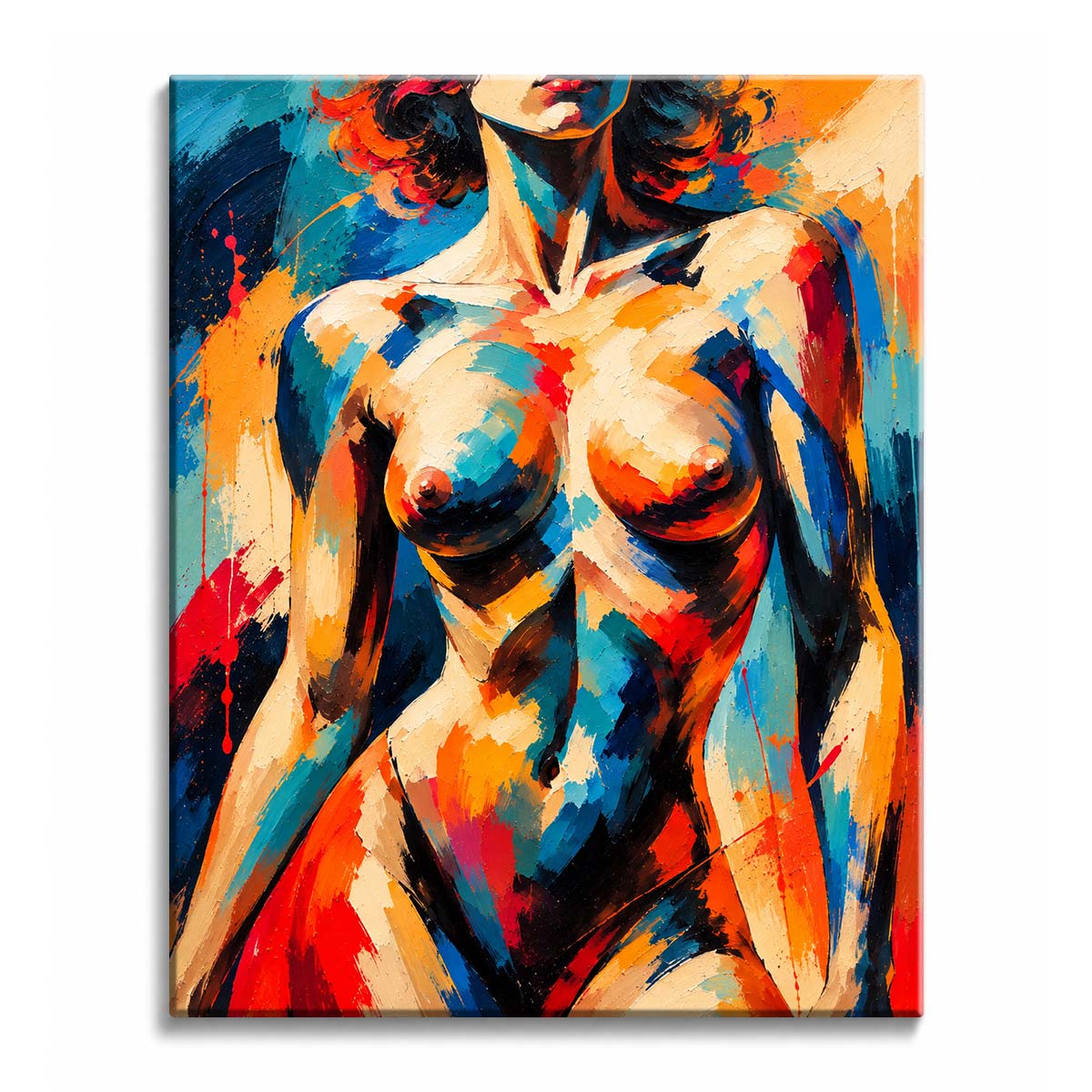 A cropped female torso forms an abstract nude woman paint by numbers design with cream, orange, cobalt, red, and violet planes against loose red and blue brushwork.
