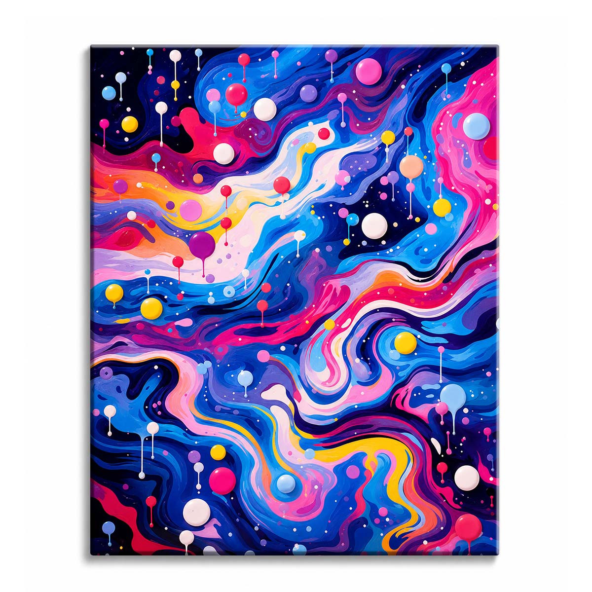 Swirling ribbons of blue, pink, yellow and violet with dripping dots across the surface, in a paint by numbers design.