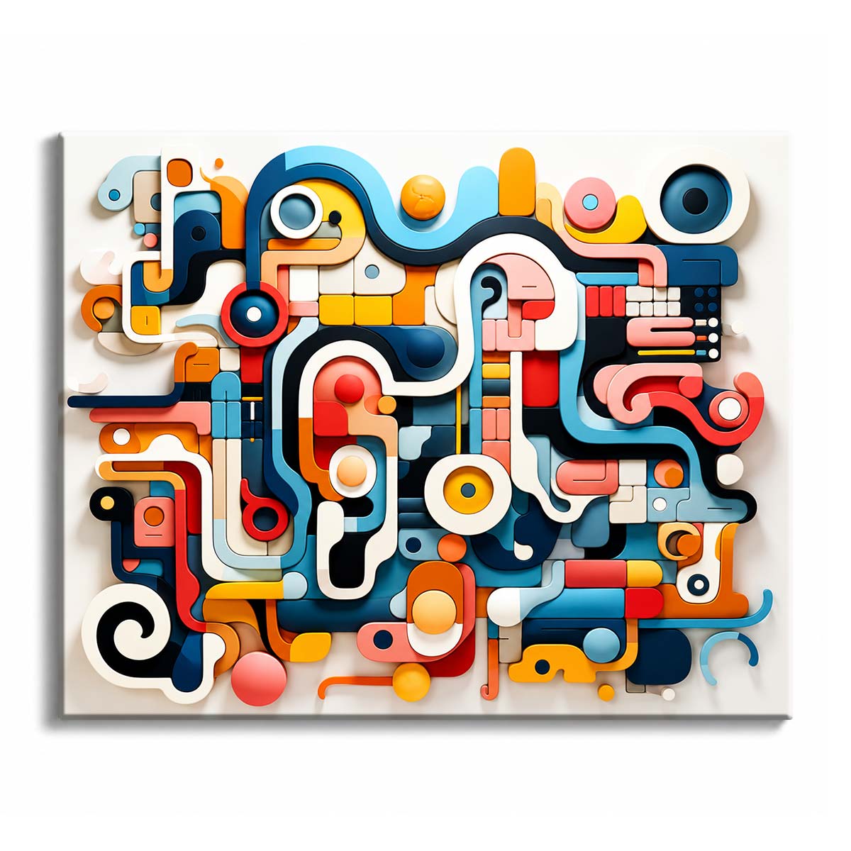 Interlocking curved bars, circles and blocks in navy, red, coral and orange spread across a cream background, in a paint by numbers design.
