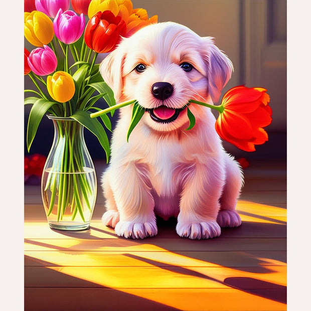 Puppy with Tulip Paint by Numbers Kit