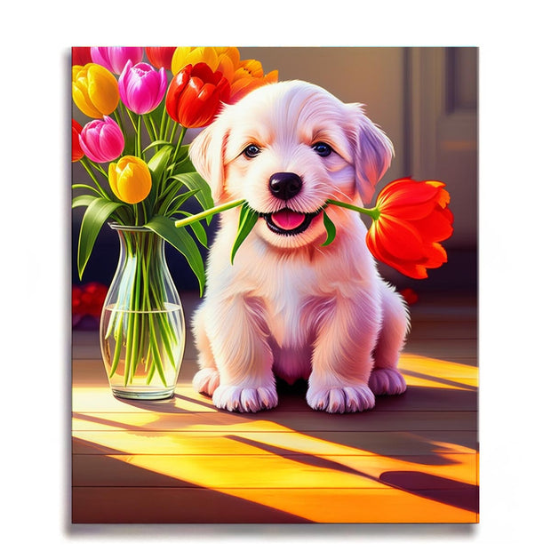 Puppy with Tulip Paint by Numbers Kit