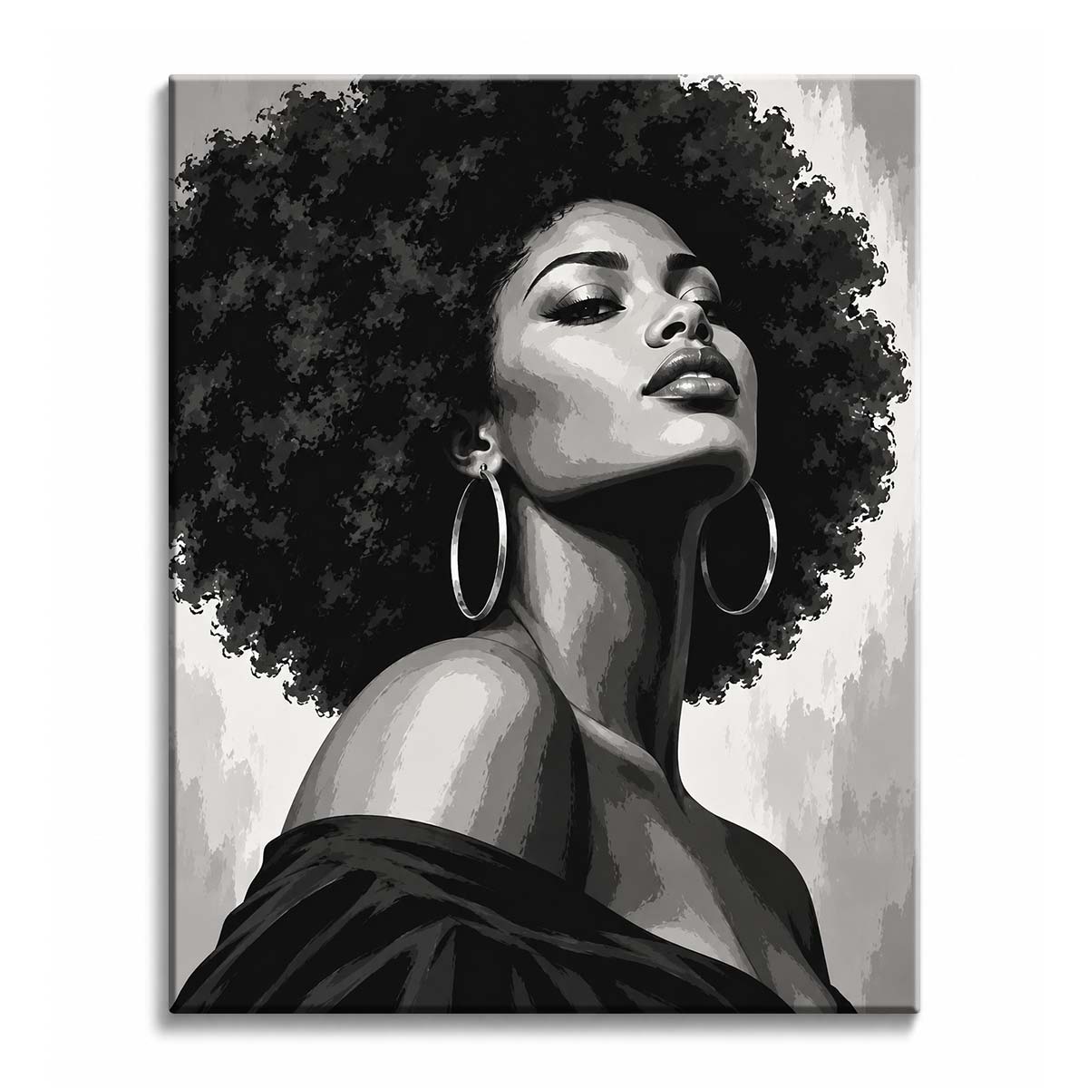 Against a streaked gray backdrop, an afro woman in large hoop earrings tilts her chin up over a bare shoulder, in a paint by numbers design rendered in black and white.