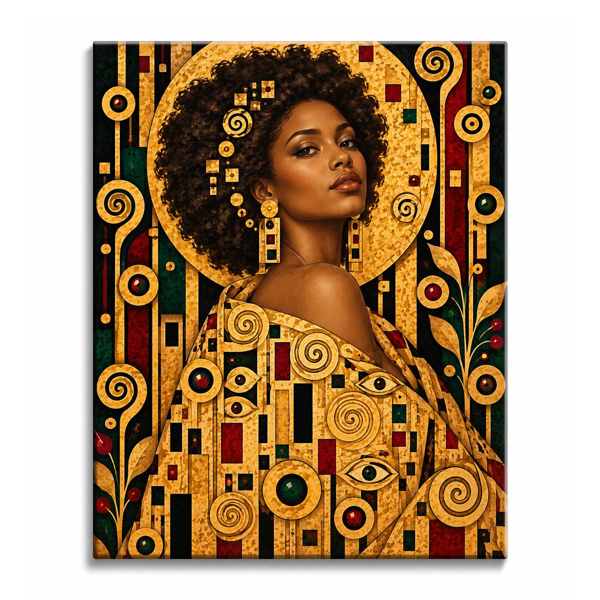 Light catches the bare shoulder of a woman with a curly afro, framed by a golden disc and a robe of spirals and eye shapes, in a Klimt-style paint by numbers design.
