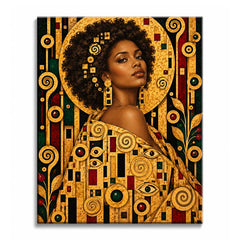 Light catches the bare shoulder of a woman with a curly afro, framed by a golden disc and a robe of spirals and eye shapes, in a Klimt-style paint by numbers design.