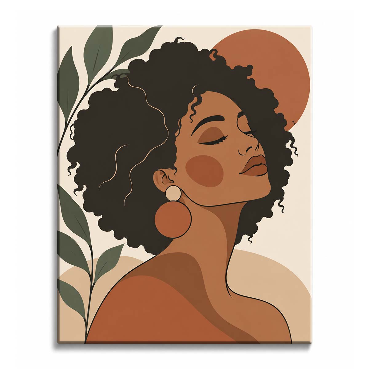 An afro woman paint by numbers design showing a profile with closed eyes, a lifted chin, a large round earring, olive-green leaves at the left and a terracotta sun behind the hair.