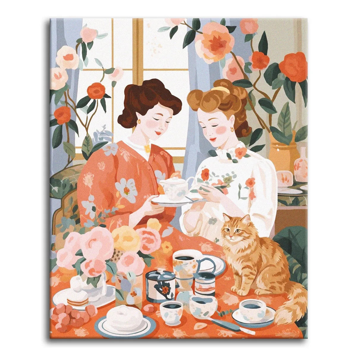 A warm, charming vintage paint by numbers scene of two women sharing afternoon tea at a flower-laden table, with a fluffy ginger cat sitting among the teacups and climbing roses framing the window behind.