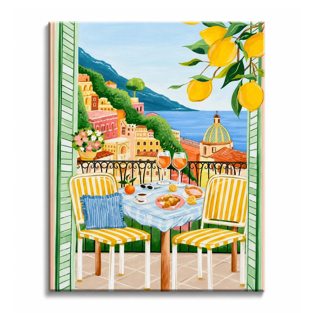 An Amalfi balcony paint by numbers design showing a set table and lemon branch above a coastal town and blue sea.