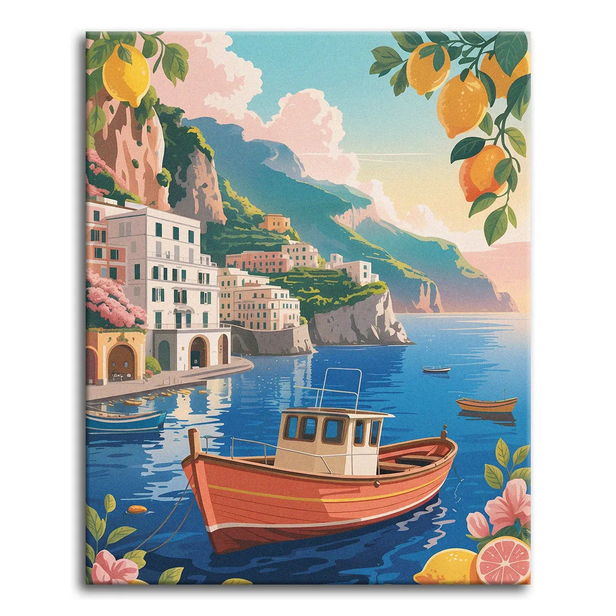 A paint by numbers canvas in illustrated style of a sunny Amalfi harbor with a red fishing boat, blue bay, cliffside houses, and lemon branches framing the scene.