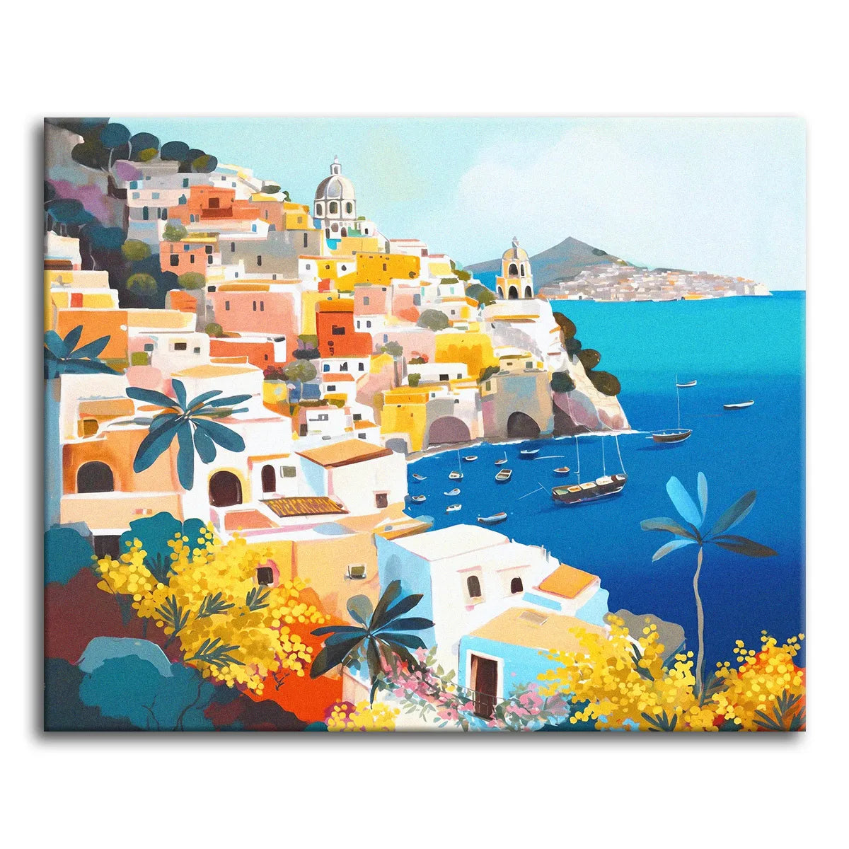 A paint by numbers canvas of an Italian coastal town in bold modern color, with stacked pastel houses, a blue bay full of boats, and mimosa in the foreground.