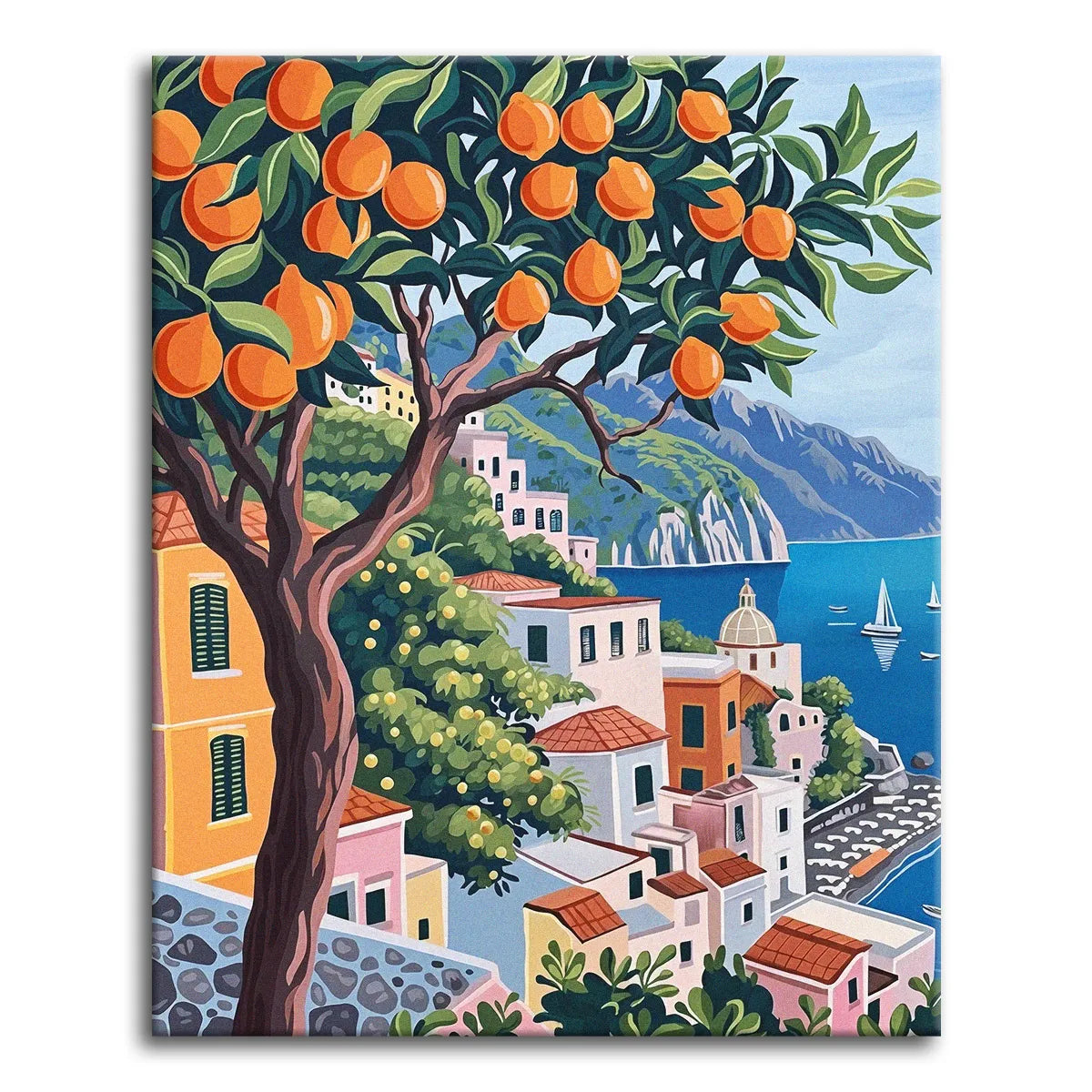 A vibrant folk-art style paint by numbers scene of an orange tree framing a sun-soaked Italian coastal town, with pastel houses, terracotta roofs, a domed church, sailboats, and blue sea and cliffs beyond.