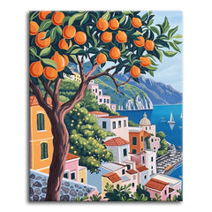 A vibrant folk-art style paint by numbers scene of an orange tree framing a sun-soaked Italian coastal town, with pastel houses, terracotta roofs, a domed church, sailboats, and blue sea and cliffs beyond.