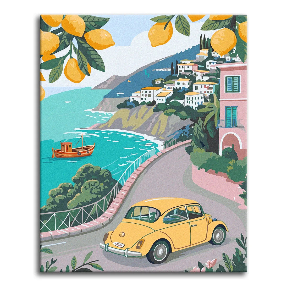 A bright, flat-style paint by numbers travel scene of a yellow vintage car on a coastal road along the Amalfi coast, with lemon branches, a pastel hillside town, a fishing boat, and turquoise sea.