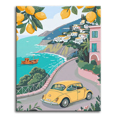 A bright, flat-style paint by numbers travel scene of a yellow vintage car on a coastal road along the Amalfi coast, with lemon branches, a pastel hillside town, a fishing boat, and turquoise sea.