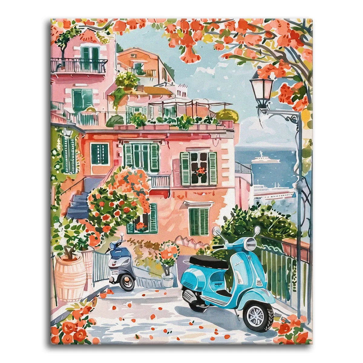 A paint by numbers Amalfi Coast street with a turquoise scooter, pastel-pink houses, orange blossoms, and the blue sea.