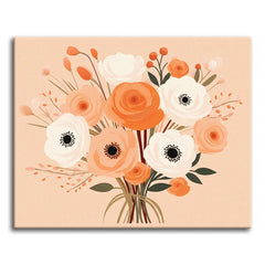 A soft modern bouquet of white anemones and peach roses in a glass vase against a warm blush background, shown as a paint by numbers canvas.