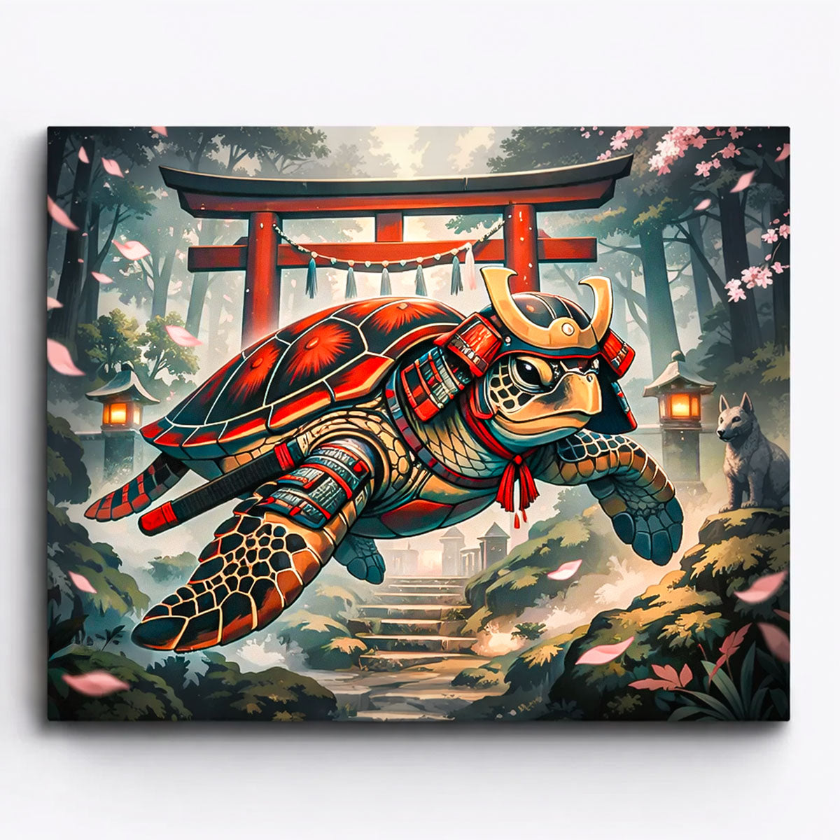 anime armored samurai turtle near torii gate with lanterns and forest shrine path paint by numbers design