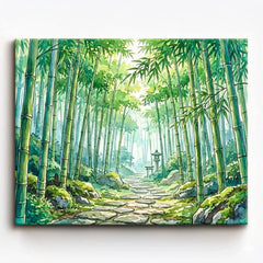 anime bamboo garden stone path leading through tall bamboo trees toward traditional lantern in peaceful japanese forest paint by numbers design