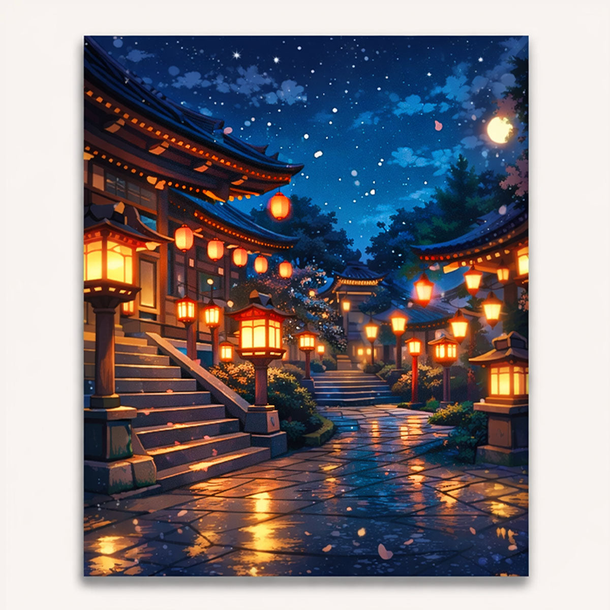 anime japanese temple courtyard at night with glowing lanterns moonlight reflections and falling cherry blossoms paint by numbers design