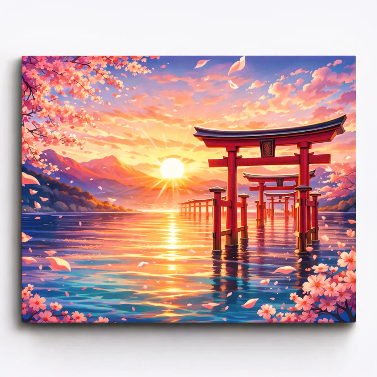 anime torii gates standing in calm water at sunset with cherry blossoms and mountain landscape paint by numbers design
