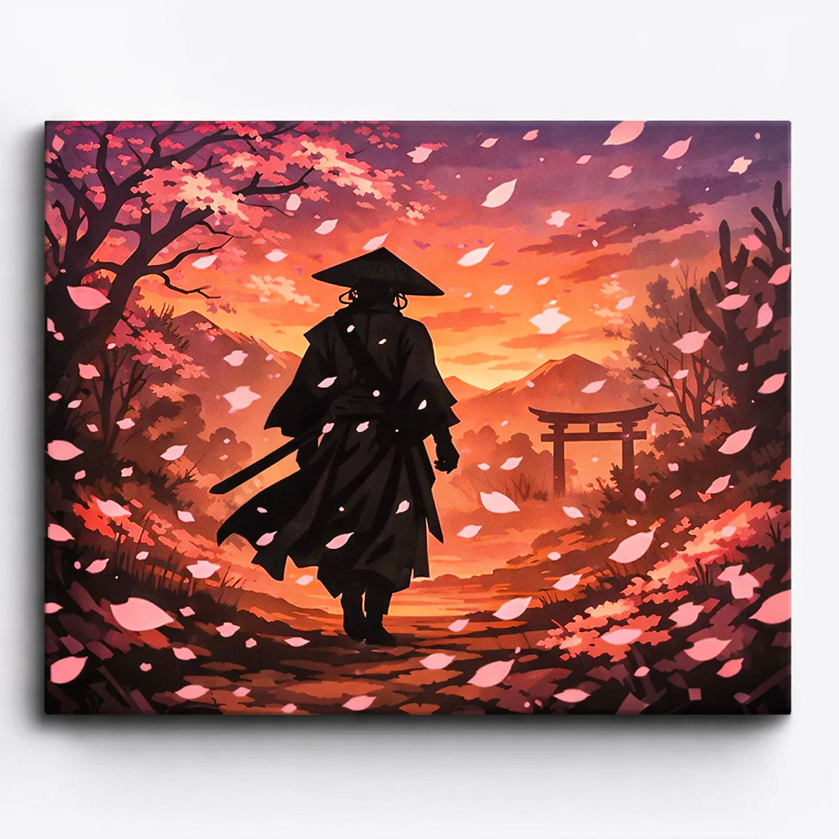anime lone warrior walking along cherry blossom path at sunset toward torii gate japanese landscape paint by numbers design