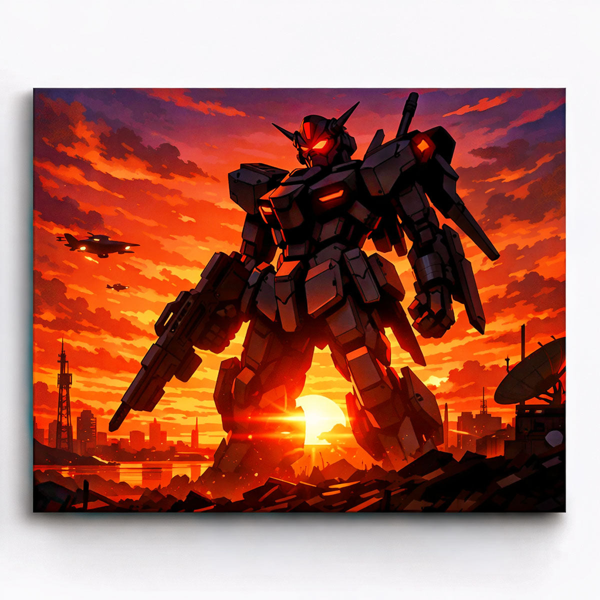 anime battle mecha robot standing in sunset city battlefield with glowing red lights paint by numbers design