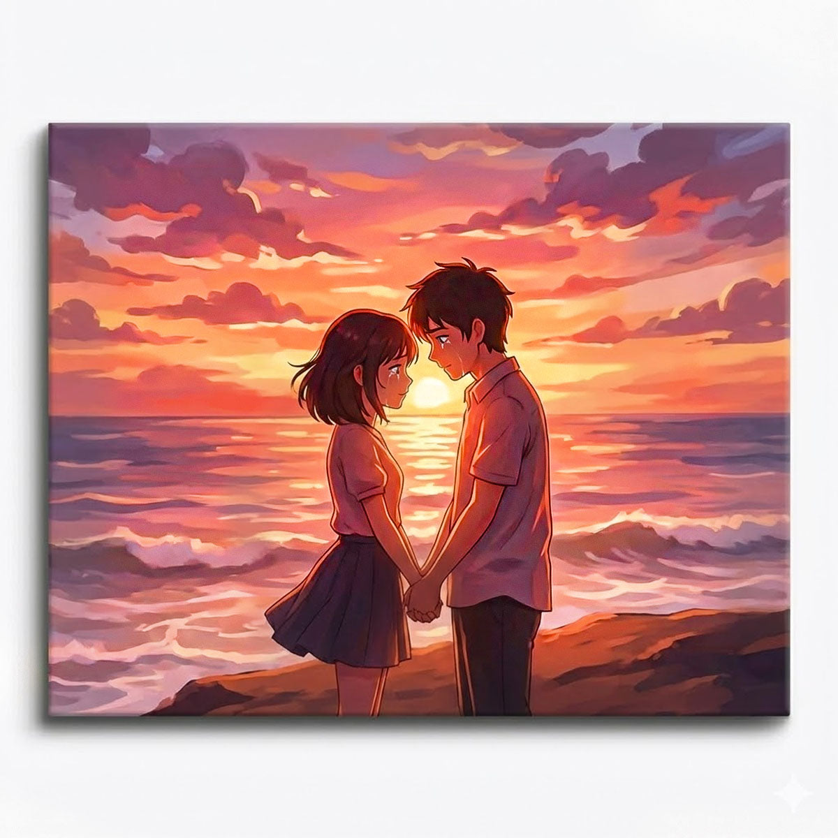 anime romantic couple holding hands by ocean sunset paint by numbers design