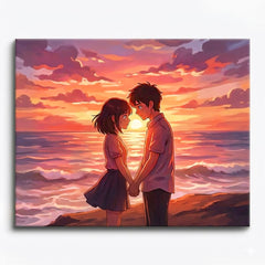 anime romantic couple holding hands by ocean sunset paint by numbers design