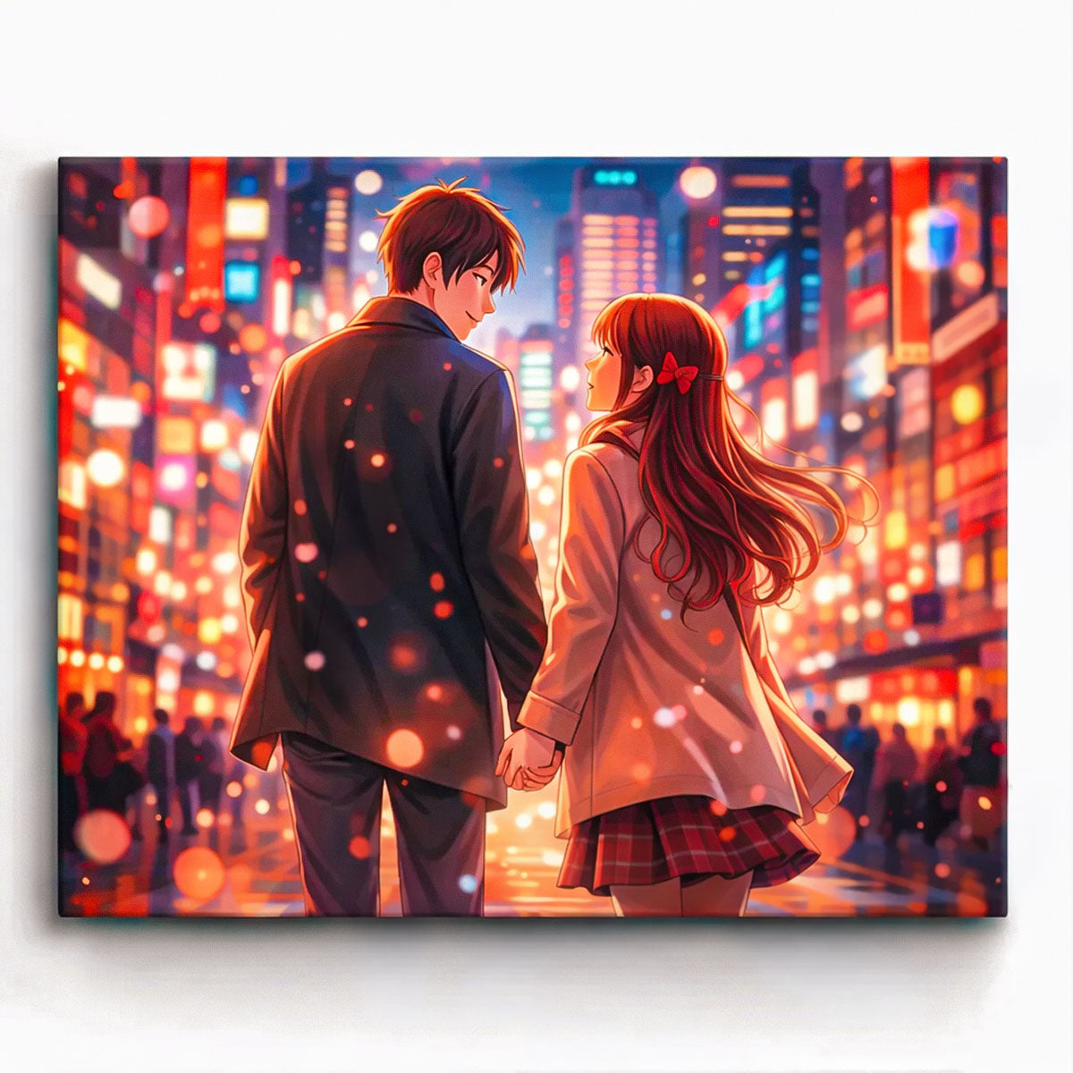 anime romantic couple walking together through glowing neon city lights at night paint by numbers design