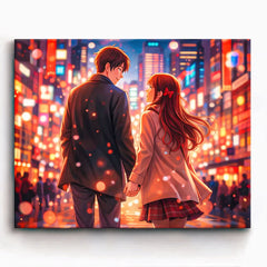 anime romantic couple walking together through glowing neon city lights at night paint by numbers design