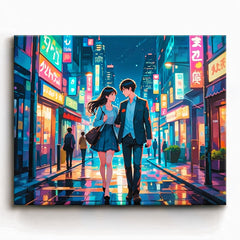anime romantic couple walking together through neon city street at night paint by numbers design
