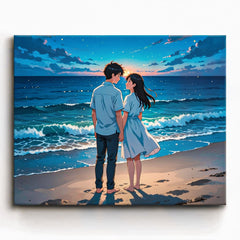 anime romantic couple standing together on beach at twilight with ocean waves and evening sky paint by numbers design