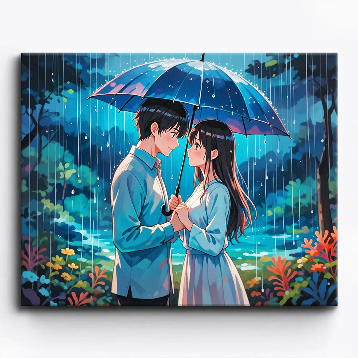 anime romantic couple standing together under umbrella in gentle evening rain forest setting paint by numbers design