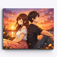 anime romantic couple sitting back to back by lakeside at sunset paint by numbers design
