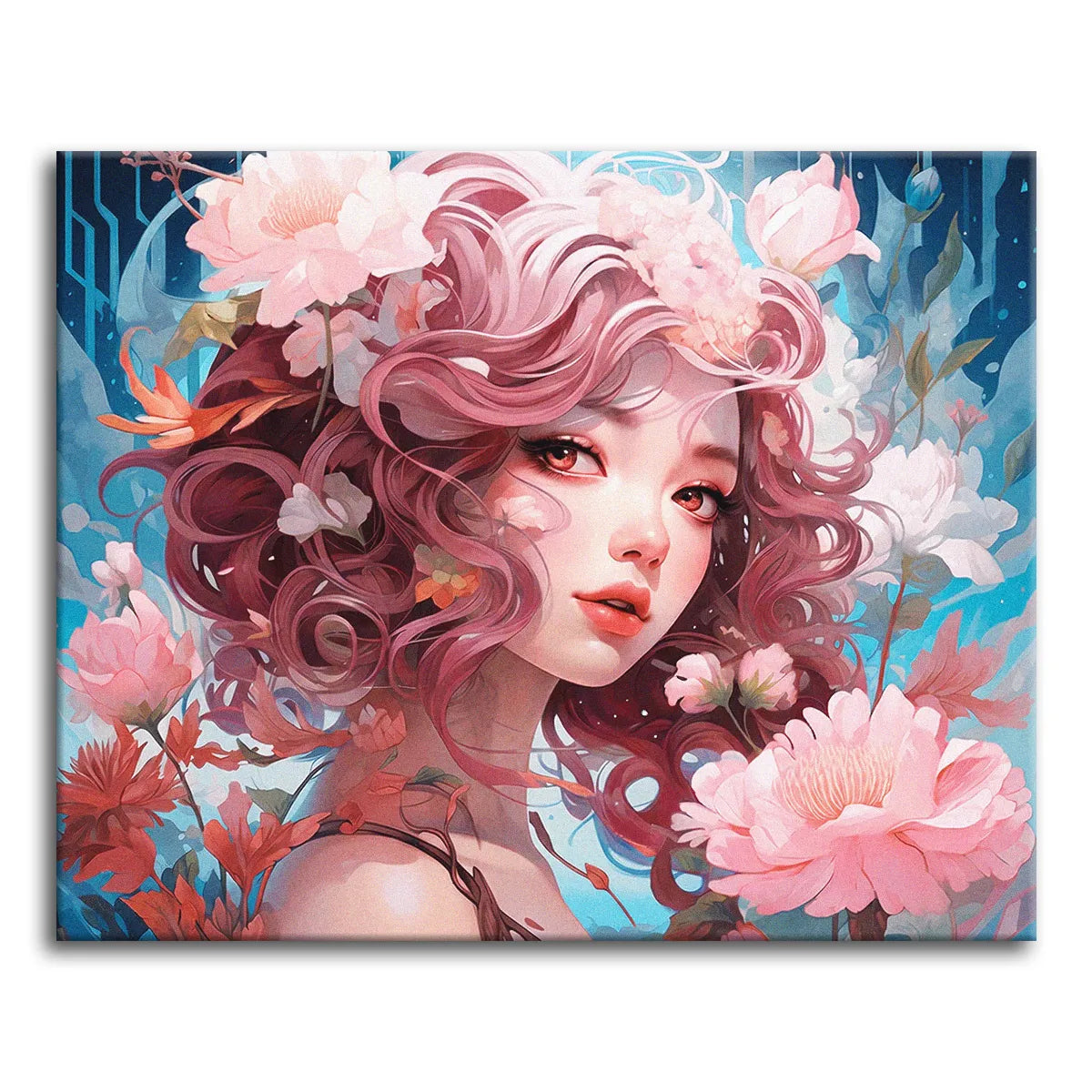 An anime-style portrait of a young woman with flowing pink hair surrounded by large peonies and cherry blossoms against a blue background, shown as a paint by numbers canvas.