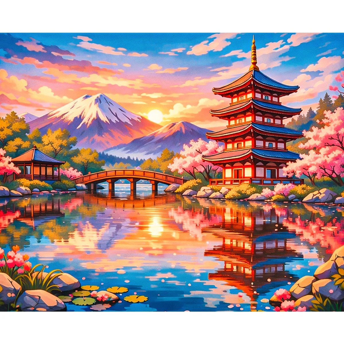 Pagoda Reflection Fuji Sunset Paint by Numbers Kit-zoom-2