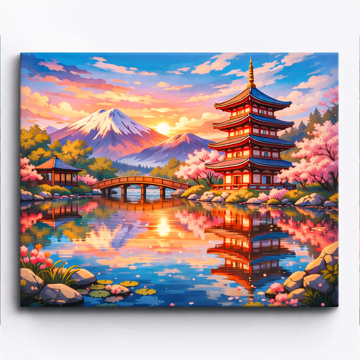 anime japanese pagoda beside lake with mount fuji at sunset and cherry blossoms reflection paint by numbers design