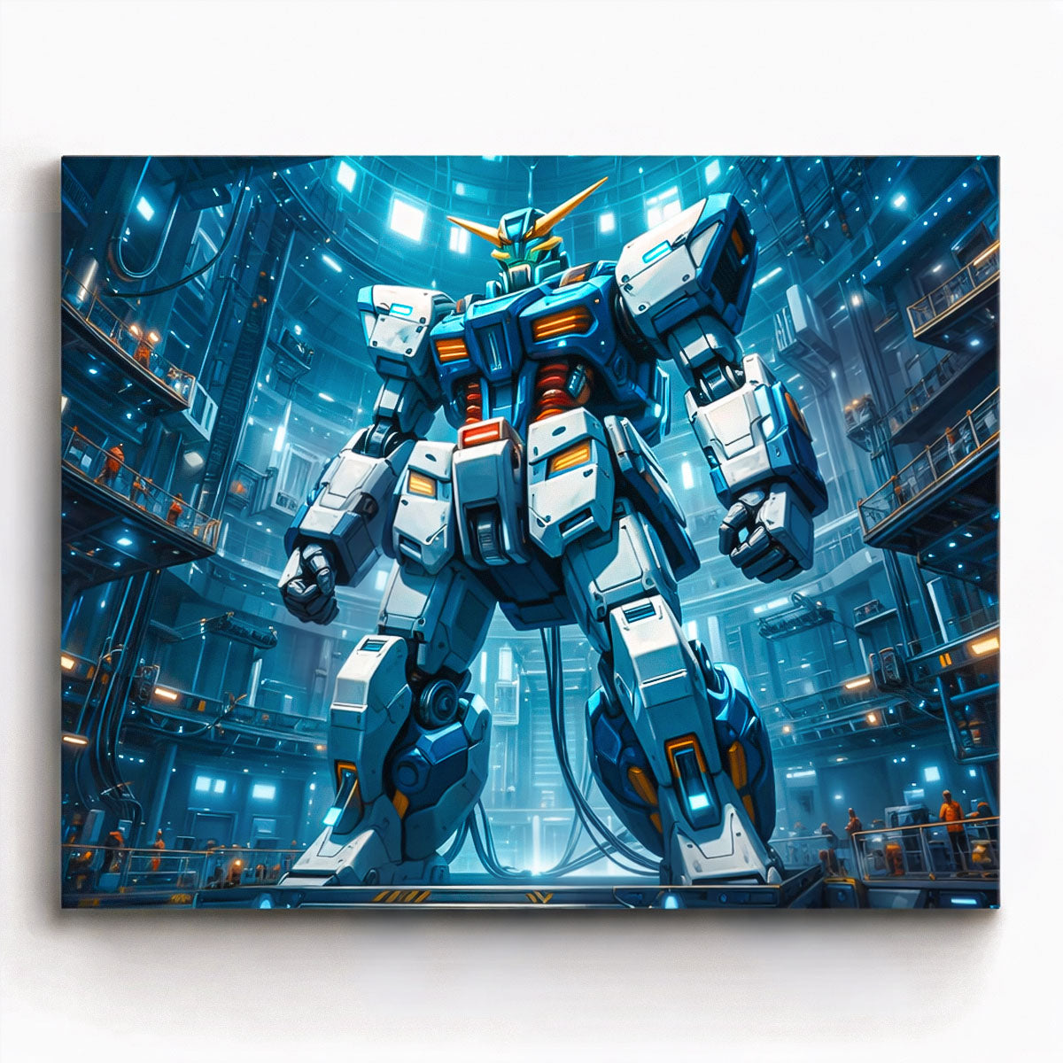 anime giant mecha robot standing inside futuristic sci fi hangar paint by numbers design