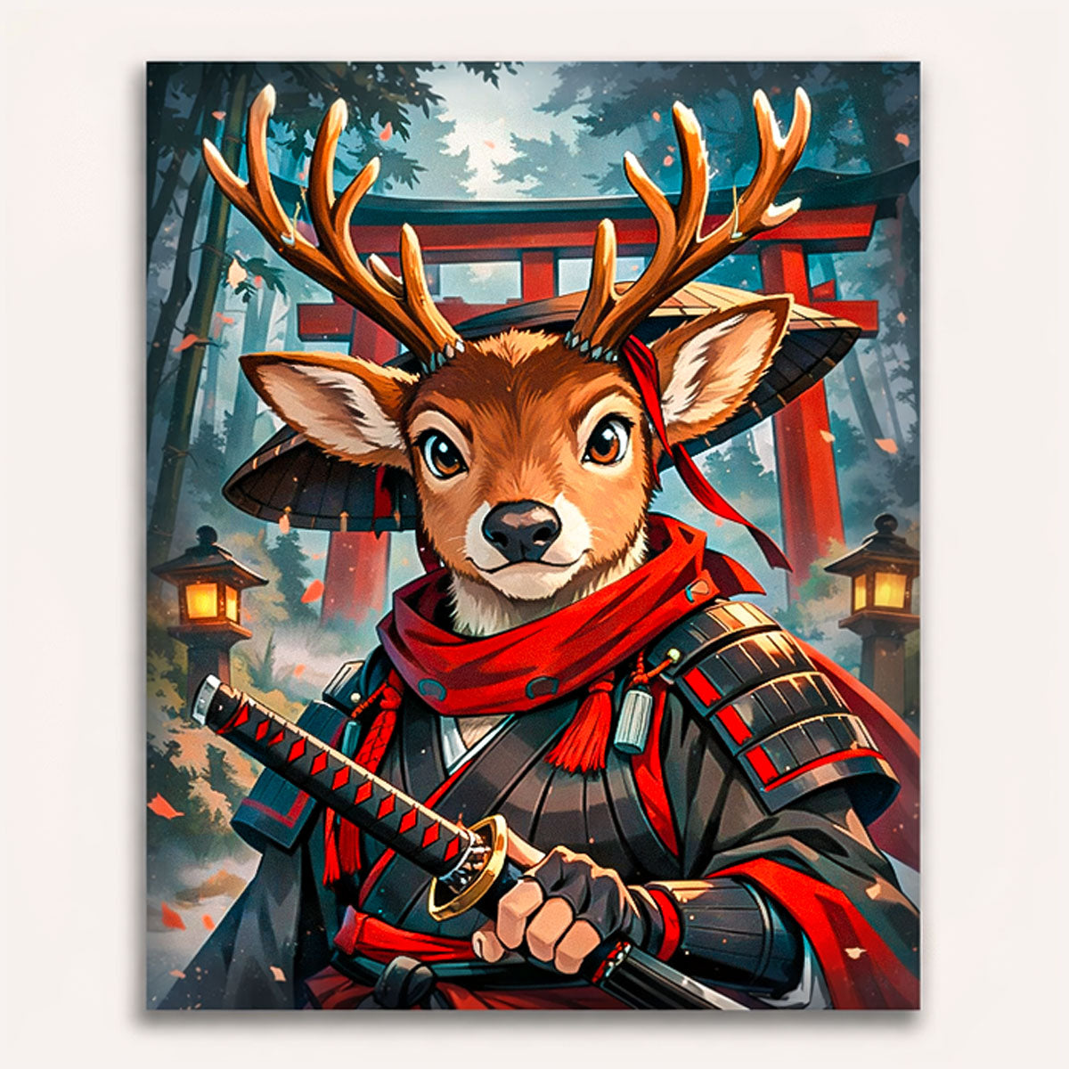 anime deer warrior wearing samurai armor standing near torii gate with lanterns in misty japanese forest paint by numbers design