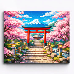 anime shrine path with torii gate cherry blossom trees and mount fuji in background japanese landscape paint by numbers design