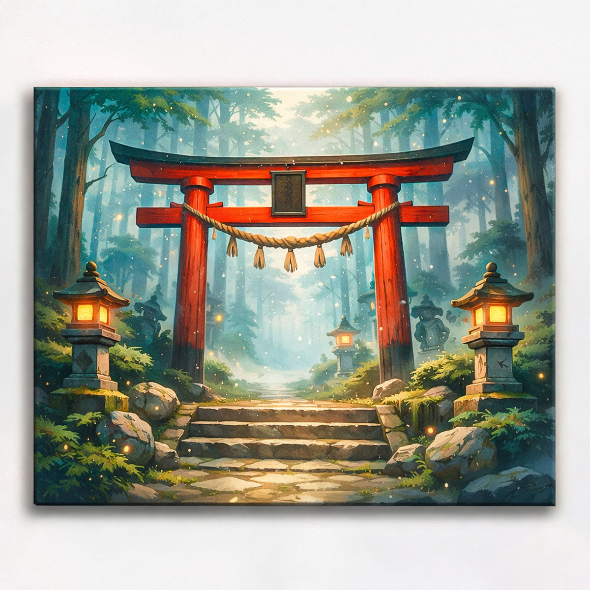 anime torii gate in misty forest with glowing lanterns and stone path japanese shrine entrance paint by numbers design