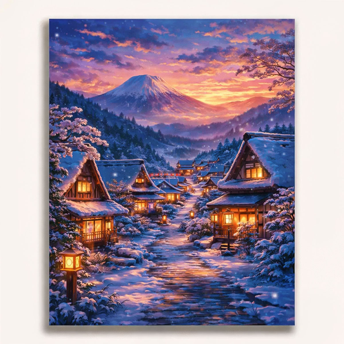 anime snowy japanese village with lantern lights and mount fuji at sunset winter landscape paint by numbers design