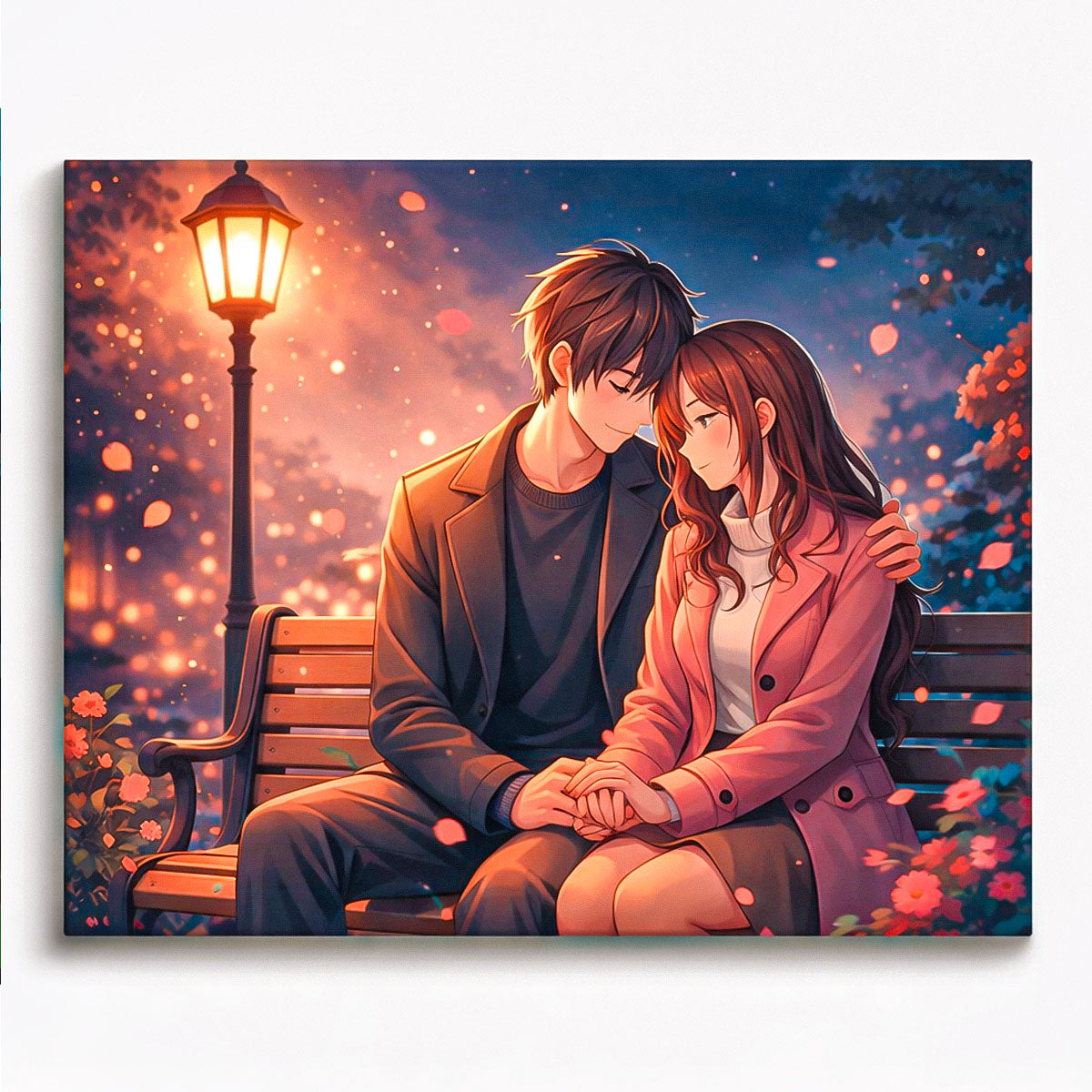 anime romantic couple sitting together on park bench under warm evening lights paint by numbers design