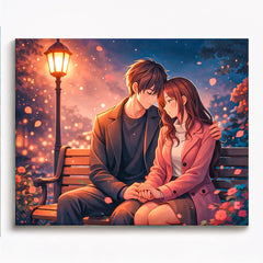 anime romantic couple sitting together on park bench under warm evening lights paint by numbers design