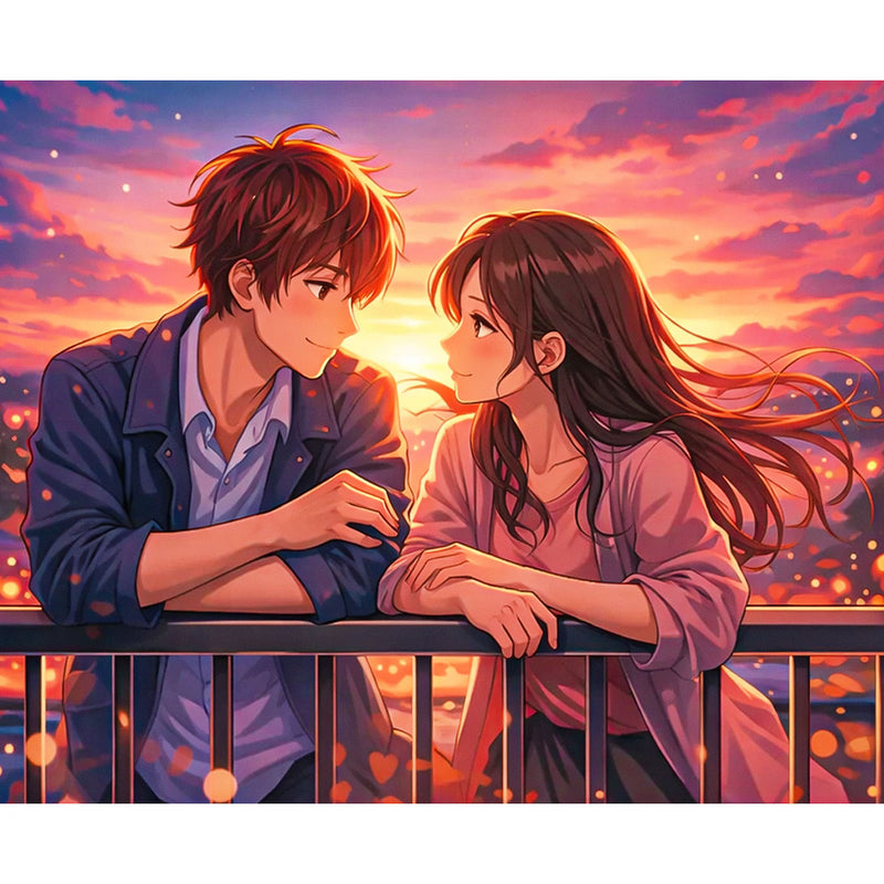 Sunset Balcony Anime Couple Paint by Numbers Kit-zoom-