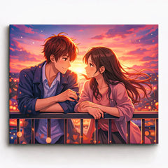 anime romantic couple leaning together on balcony during warm sunset paint by numbers design